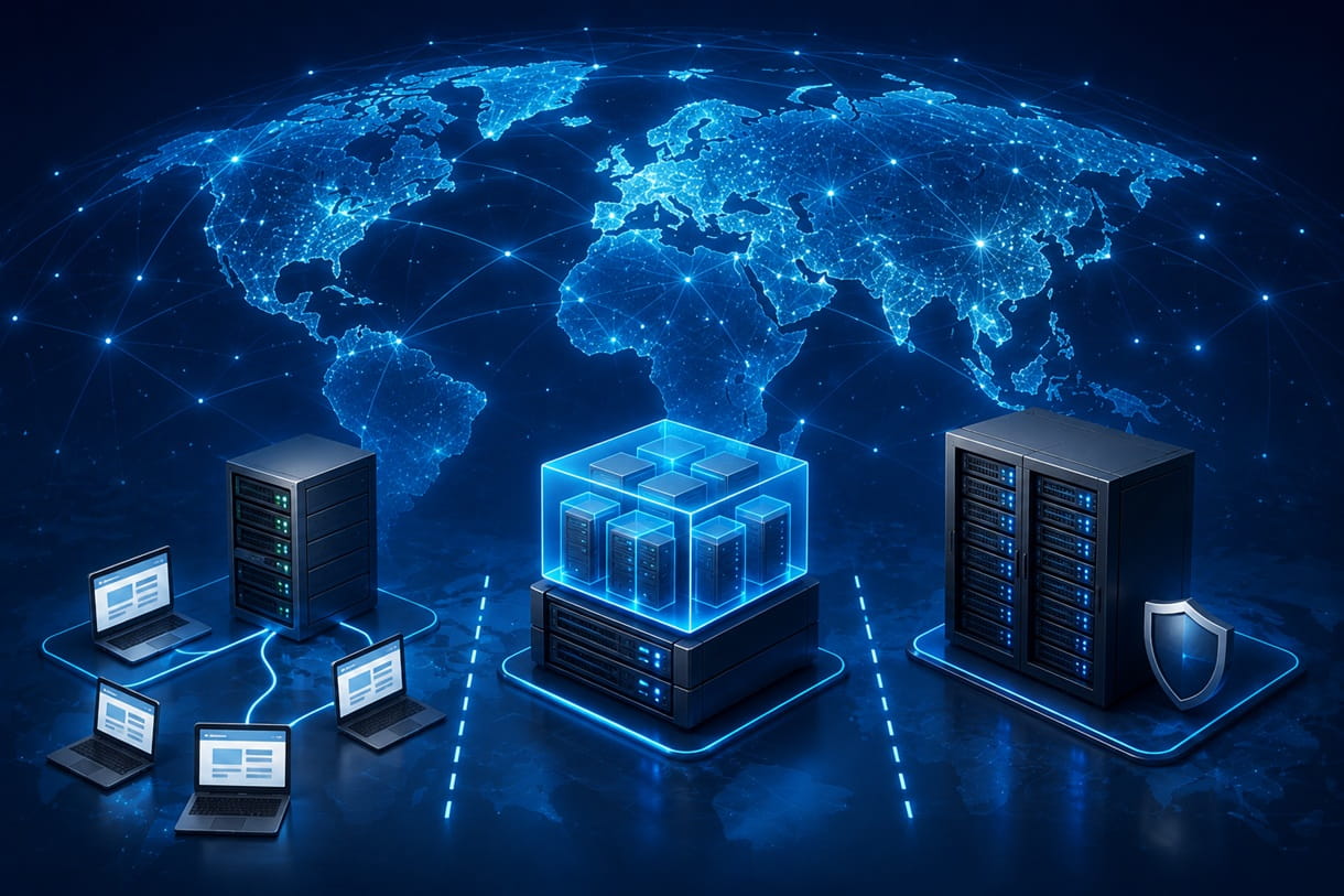 Shared, VPS and dedicated hosting side by side β several laptops sharing one server, an isolated partitioned server, and dedicated racks behind a security shield