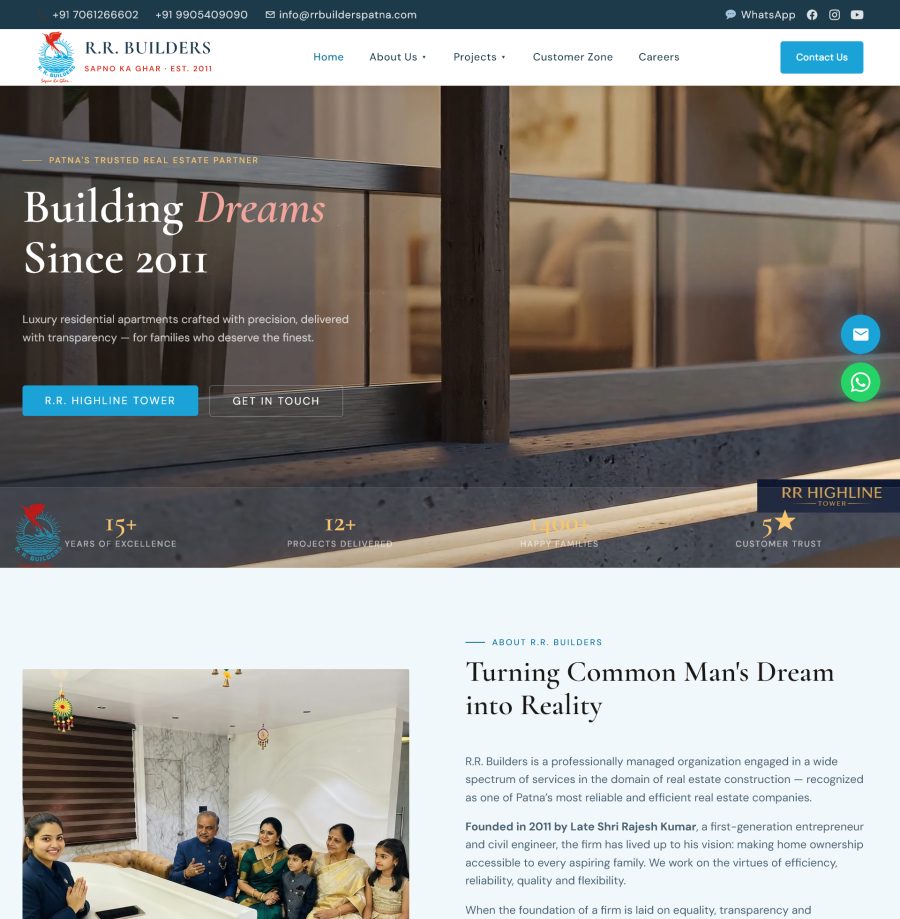 The R.R. Builders website built by IITES — a Patna builder's home page with its flagship project, call and WhatsApp buttons