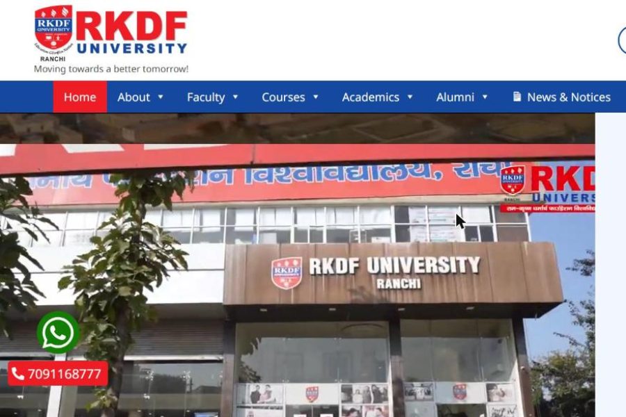 The RKDF University Ranchi website home page, with the university logo, main menu and campus video