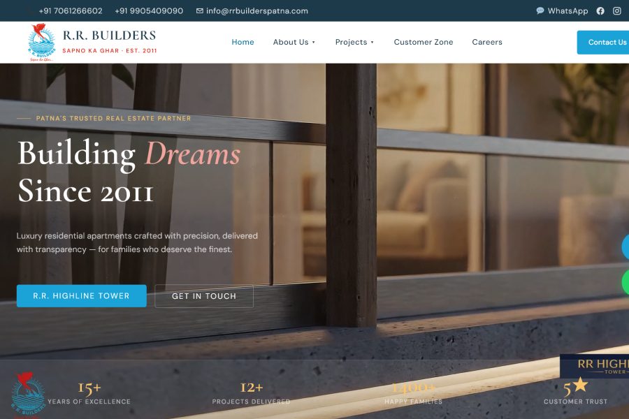 The R.R. Builders website hero, "Building Dreams Since 2011", with the flagship R.R. HighLine Tower button