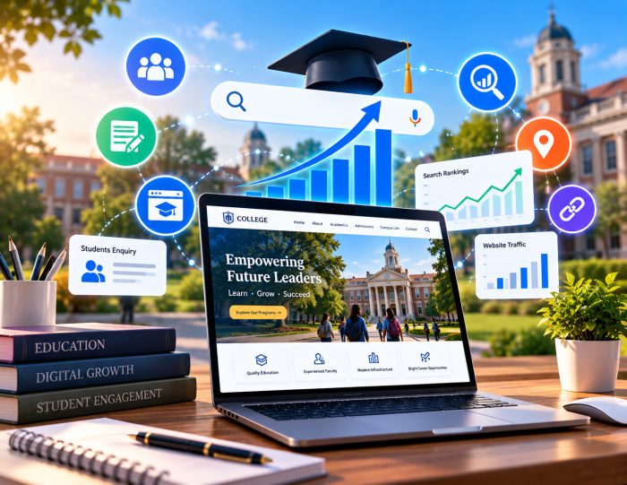 A college website open on a laptop, with student enquiry, search ranking and website traffic panels above a campus