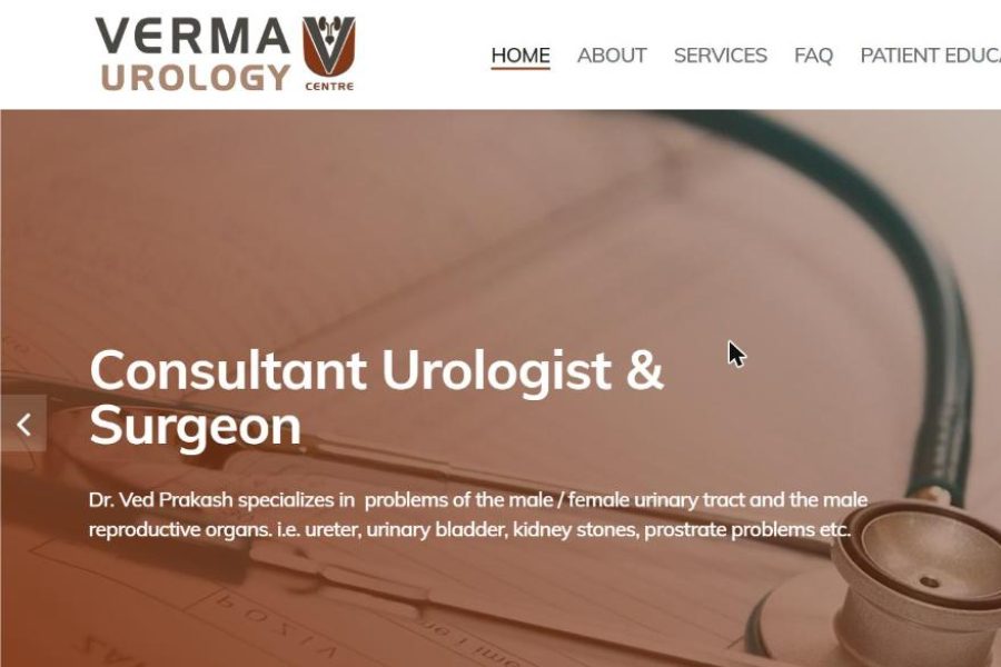 The Verma Urology Centre website, with timings, book appointment and tele-consultation buttons beside the hero